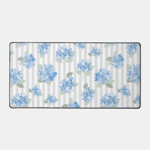 Elegant Blue Hydrangea Pattern Gray Stripe  Desk Mat