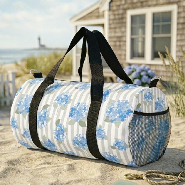 Elegant Blue Hydrangea Pattern Gray Stripe  Duffle Bag (Creator Uploaded)