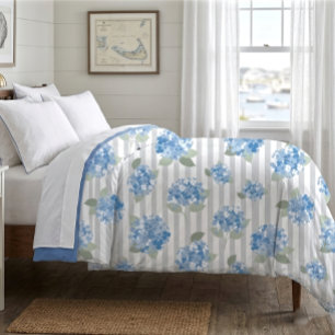 Elegant Blue Hydrangea Pattern Gray Stripe  Duvet Cover