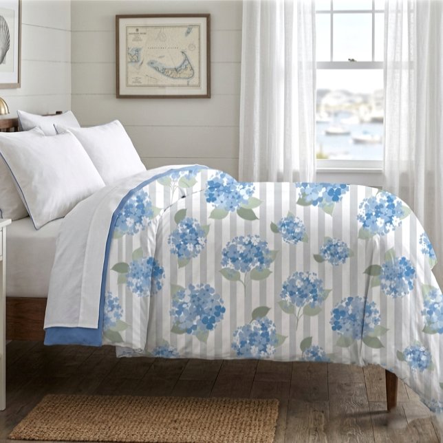 Elegant Blue Hydrangea Pattern Gray Stripe  Duvet Cover (Creator Uploaded)