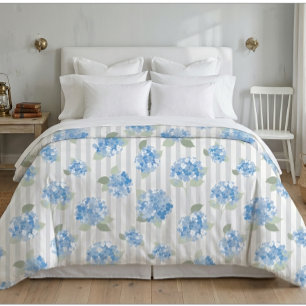 Elegant Blue Hydrangea Pattern Gray Stripe  Duvet Cover