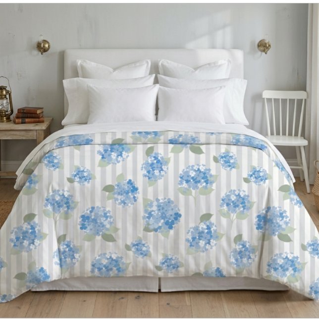 Elegant Blue Hydrangea Pattern Gray Stripe  Duvet Cover (Creator Uploaded)