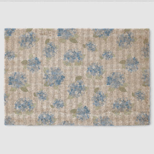 Elegant Blue Hydrangea Pattern Gray Stripe  Fiber Doormat