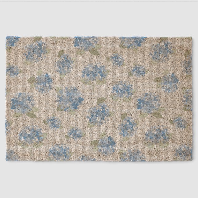 Elegant Blue Hydrangea Pattern Gray Stripe  Fiber Doormat (Front)