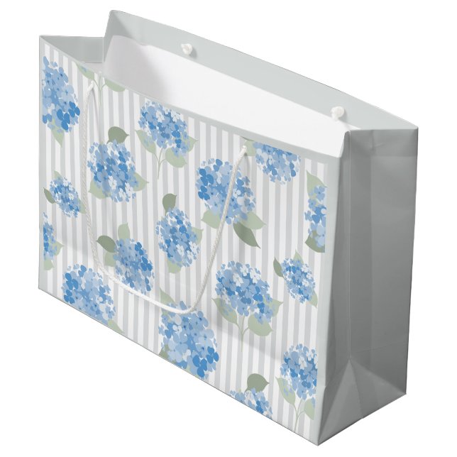 Elegant Blue Hydrangea Pattern Gray Stripe  Large Gift Bag (Front Angled)
