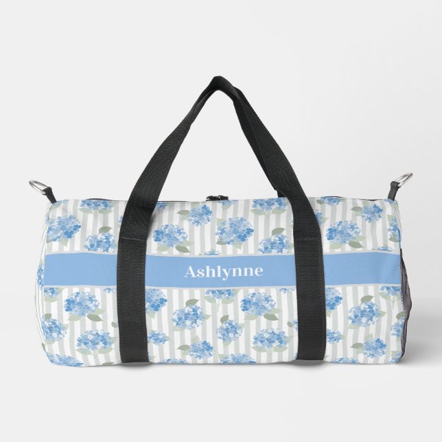 Elegant Blue Hydrangea Pattern Gray Stripe Name Duffle Bag (Front)