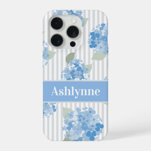 Elegant Blue Hydrangea Pattern Gray Stripe Name iPhone 15 Pro Case