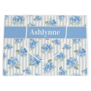 Elegant Blue Hydrangea Pattern Gray Stripe Name Large Gift Bag