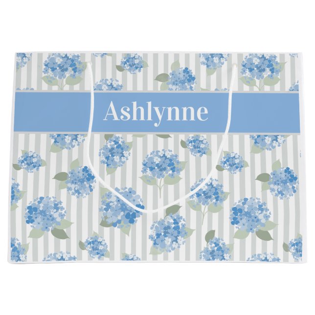Elegant Blue Hydrangea Pattern Gray Stripe Name Large Gift Bag (Front)