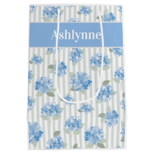 Elegant Blue Hydrangea Pattern Gray Stripe Name Medium Gift Bag