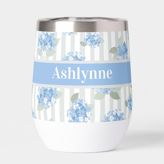 Elegant Blue Hydrangea Pattern Gray Stripe Name  Thermal Wine Tumbler (Back)