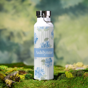 Elegant Blue Hydrangea Pattern Gray Stripe Name Water Bottle