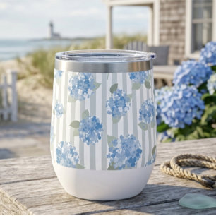 Elegant Blue Hydrangea Pattern Gray Stripe  Thermal Wine Tumbler