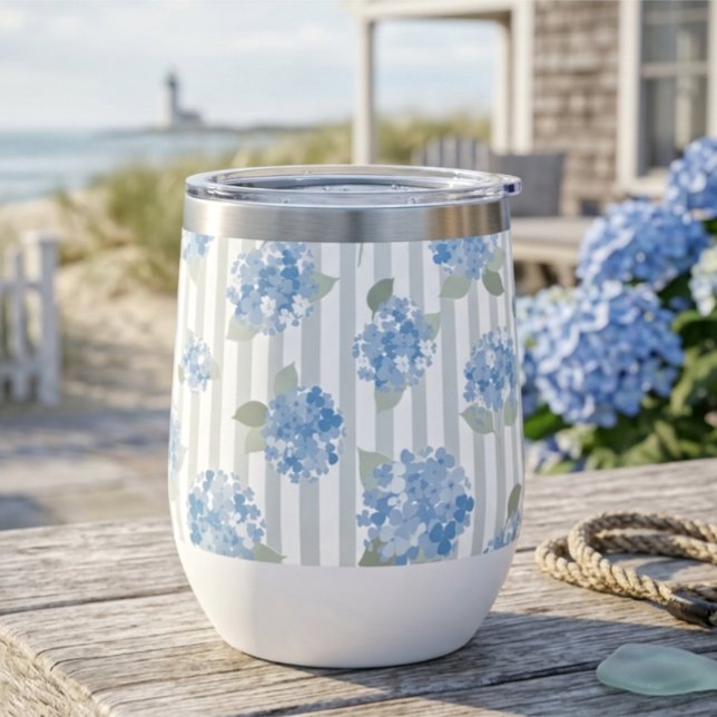 Elegant Blue Hydrangea Pattern Gray Stripe  Thermal Wine Tumbler (Creator Uploaded)