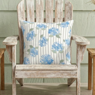 Elegant Blue Hydrangea Pattern Gray Stripe  Throw Pillow