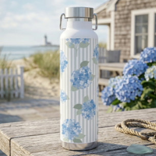 Elegant Blue Hydrangea Pattern Gray Stripe Water Bottle