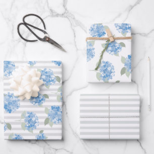 Elegant Blue Hydrangea Pattern Gray Stripe  Wrapping Paper Sheets