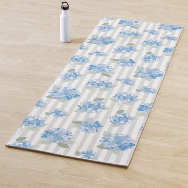 Elegant Blue Hydrangea Pattern Gray Stripe  Yoga Mat (In Situ)