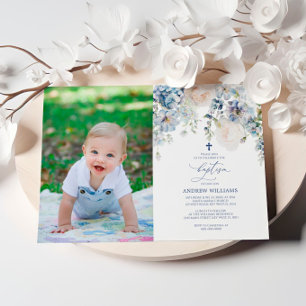 Elegant Blue Hydrangea Photo Baptism Invitation