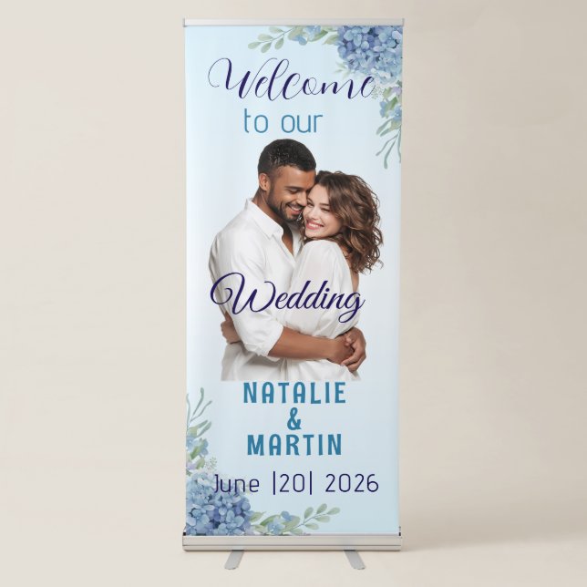 Elegant Blue Hydrangea Photo Wedding Welcome Retractable Banner (Front)