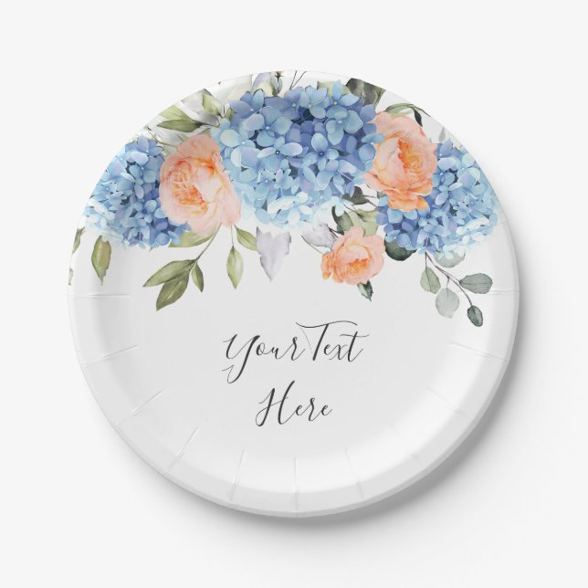 Elegant Blue Hydrangea Pink Blush Roses  Party Paper Plates (Front)