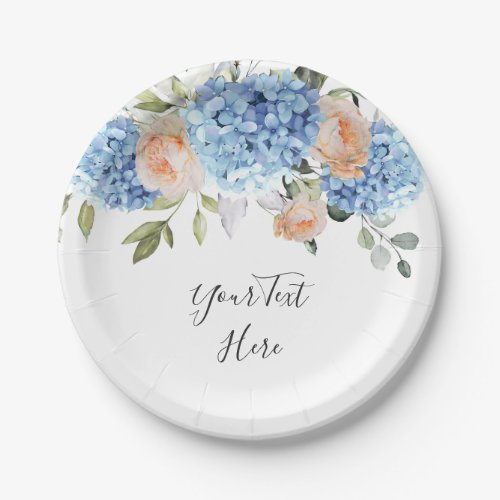 Elegant Blue Hydrangea Pink Blush Roses  Party Paper Plates