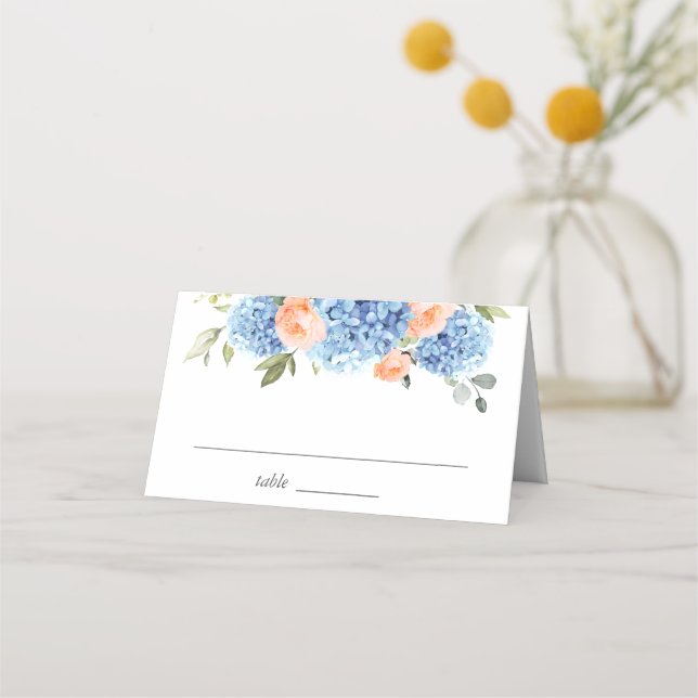 Elegant Blue Hydrangea Pink Blush Roses Place Card (Front)