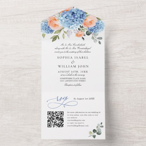 Elegant Blue Hydrangea Pink Blush Roses Wedding All In One Invitation