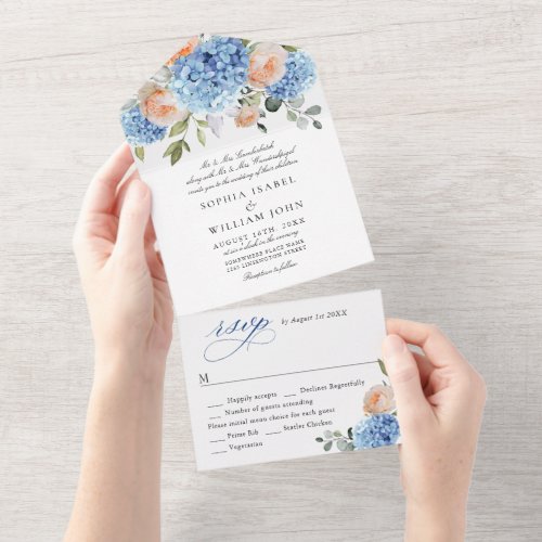 Elegant Blue Hydrangea Pink Blush Roses Wedding All In One Invitation