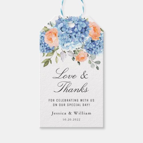 Elegant Blue Hydrangea Pink Blush Roses Wedding Gift Tags