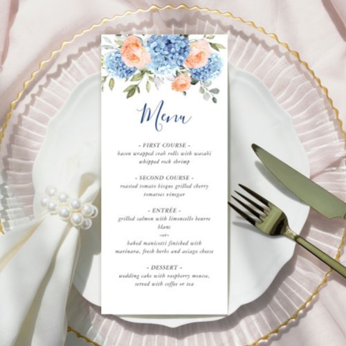 Elegant Blue Hydrangea Pink Blush Roses Wedding Menu