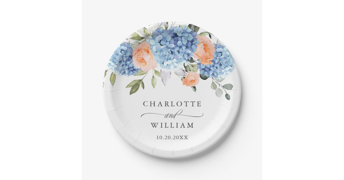 Elegant Blue Hydrangea Pink Blush Roses Wedding Paper Plates | Zazzle