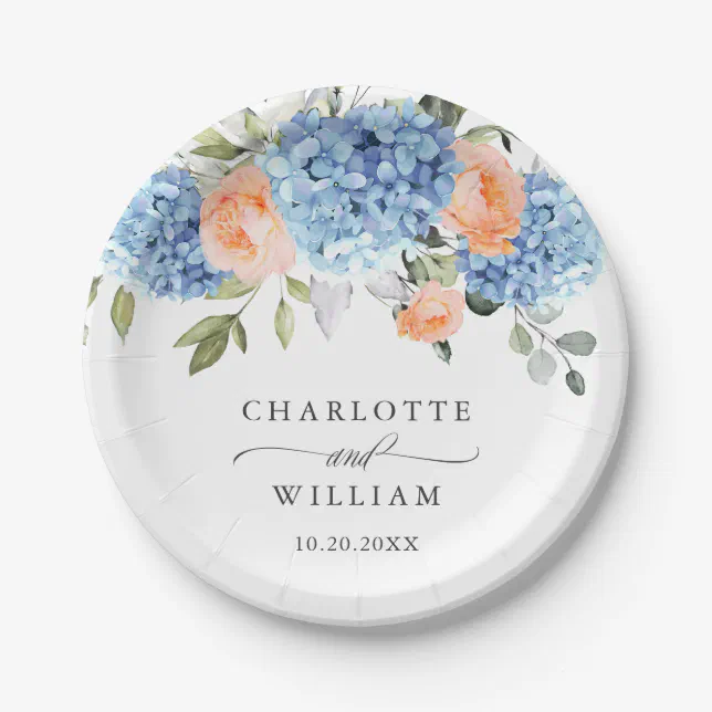 Elegant Blue Hydrangea Pink Blush Roses Wedding Paper Plates | Zazzle