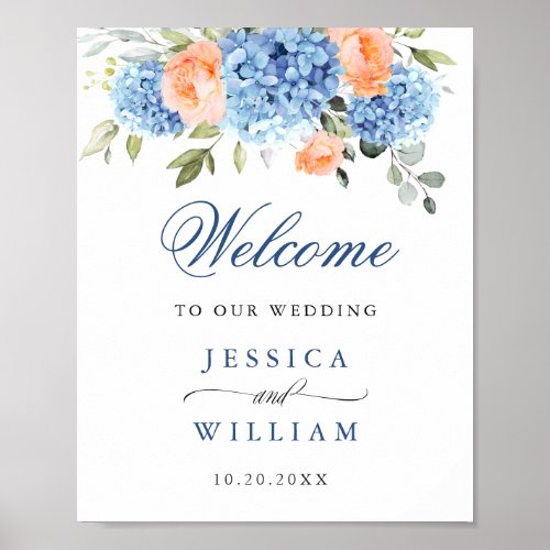 Elegant Blue Hydrangea Pink Blush Roses Wedding Poster