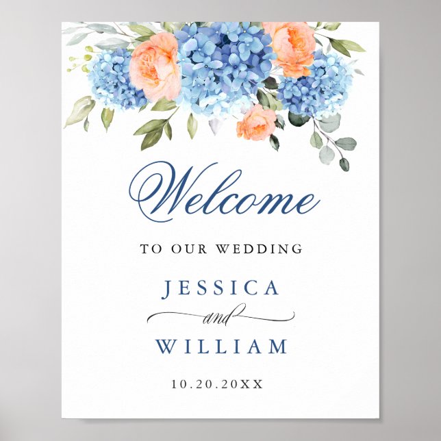 Elegant Blue Hydrangea Pink Blush Roses Wedding Poster (Front)