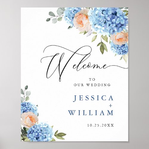 Elegant Blue Hydrangea Pink Blush Roses Wedding Poster