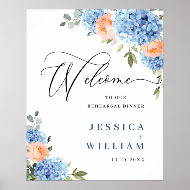 Elegant Blue Hydrangea Pink Blush Roses Wedding Poster (Front)