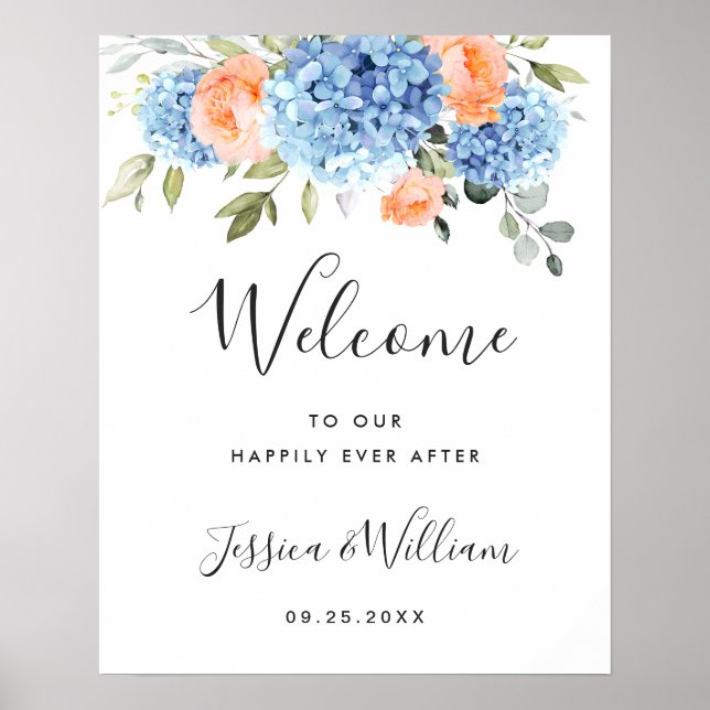 Elegant Blue Hydrangea Pink Blush Roses Wedding Poster (Front)