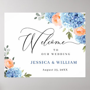 Elegant Blue Hydrangea Pink Blush Roses Wedding Poster