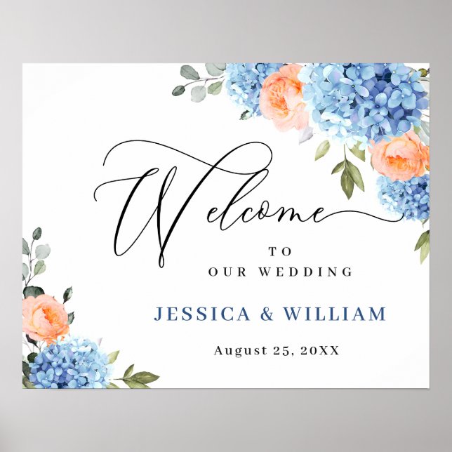Elegant Blue Hydrangea Pink Blush Roses Wedding Poster (Front)