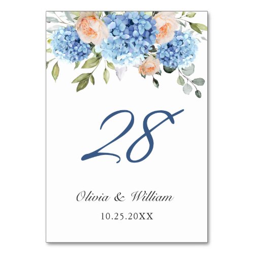 Elegant Blue Hydrangea Pink Blush Roses Wedding Table Number