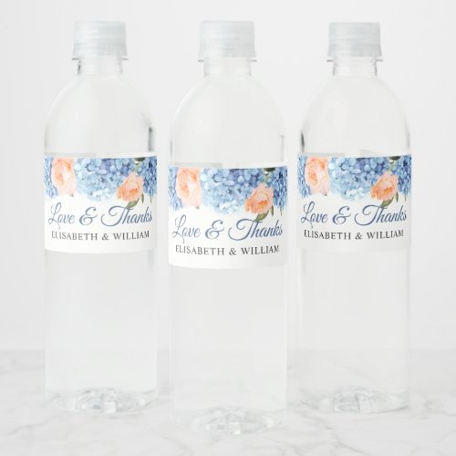 Elegant Blue Hydrangea Pink Blush Roses Wedding Water Bottle Label