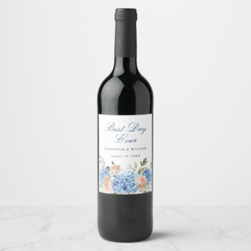 Elegant Blue Hydrangea Pink Blush Roses Wedding Wine Label