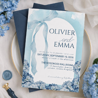 Elegant Blue Hydrangea Ribbon Wedding Invitation