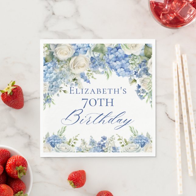Elegant Blue Hydrangea Roses Garden Birthday Party Napkins (Insitu)
