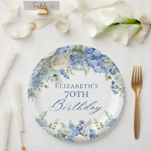 Elegant Blue Hydrangea Roses Garden Birthday Party Paper Plates