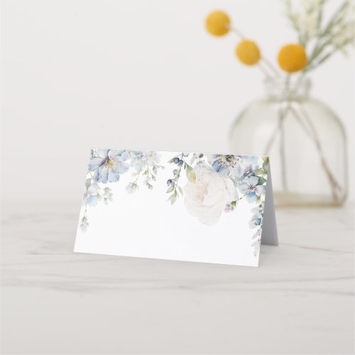 Elegant Blue Hydrangea  Roses Wedding Place Card