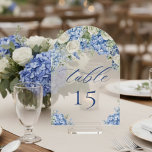 Elegant Blue Hydrangea Roses Wedding Table Number<br><div class="desc">Elegant watercolor floral design featuring blue hydrangeas,  white roses,  and soft greenery in a garden-inspired arrangement.</div>