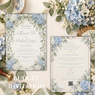 Elegant Blue Hydrangea Sage Floral Budget Wedding Invitation