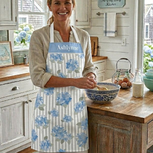 Elegant Blue Hydrangea Sage Green Gray Stripe Name Apron